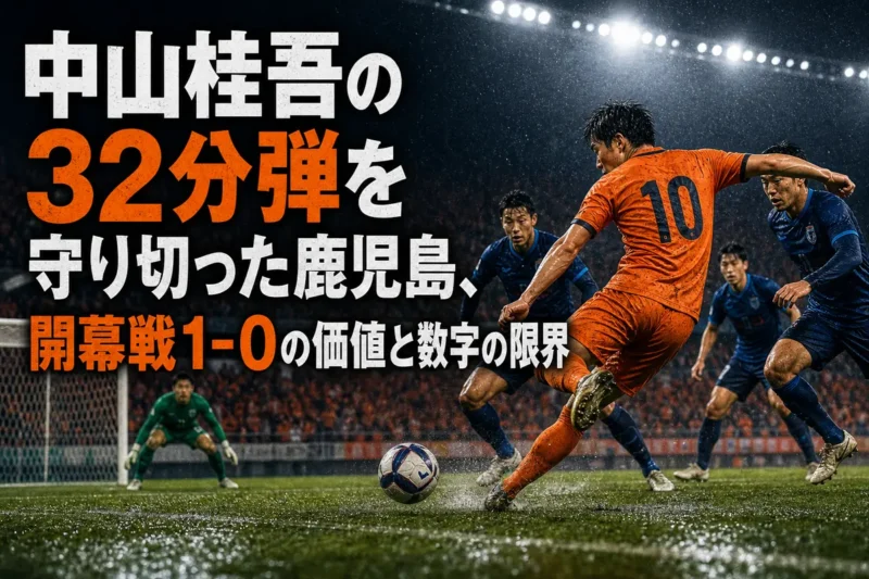 雨の白波スタジアムで鹿児島と群馬が競り合う試合のイメージ。