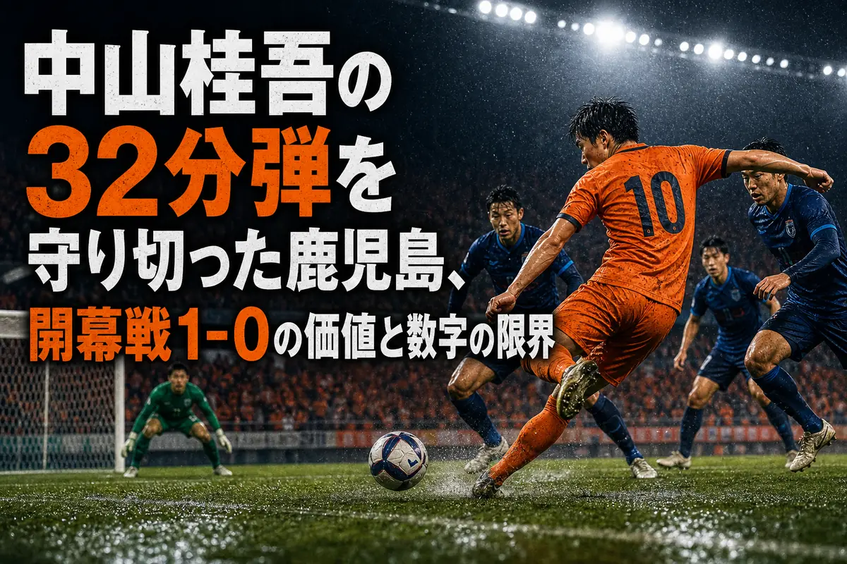 雨の白波スタジアムで鹿児島と群馬が競り合う試合のイメージ。