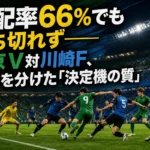 味の素スタジアムで競り合う緑と青黒のサッカー選手たち。