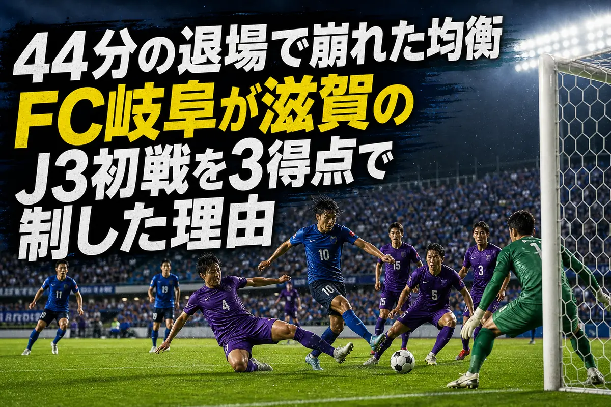 夏のナイトゲームでレイラック滋賀FCとFC岐阜が競り合う様子。