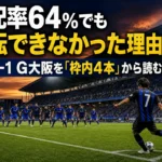 水戸とG大阪の攻防をデータ分析の視点で表現したサッカー場面。