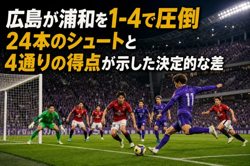 広島の攻撃陣が浦和の守備を崩してゴールへ迫るイメージ。