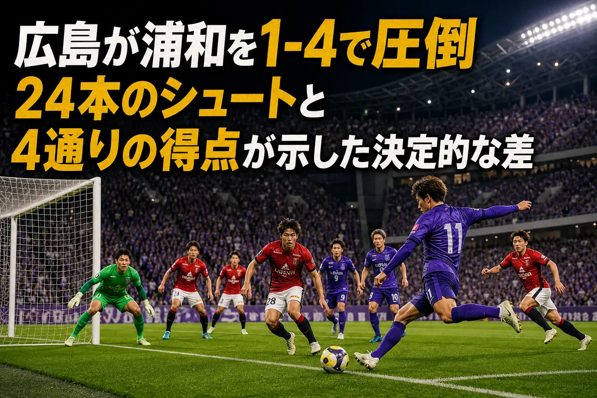 広島の攻撃陣が浦和の守備を崩してゴールへ迫るイメージ。