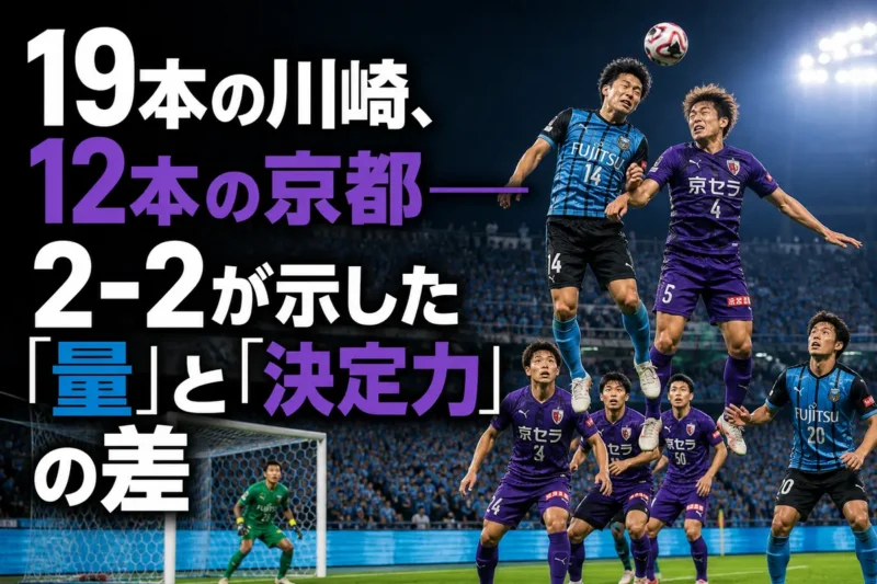 川崎と京都の選手がナイトゲームで激しく競り合う様子。