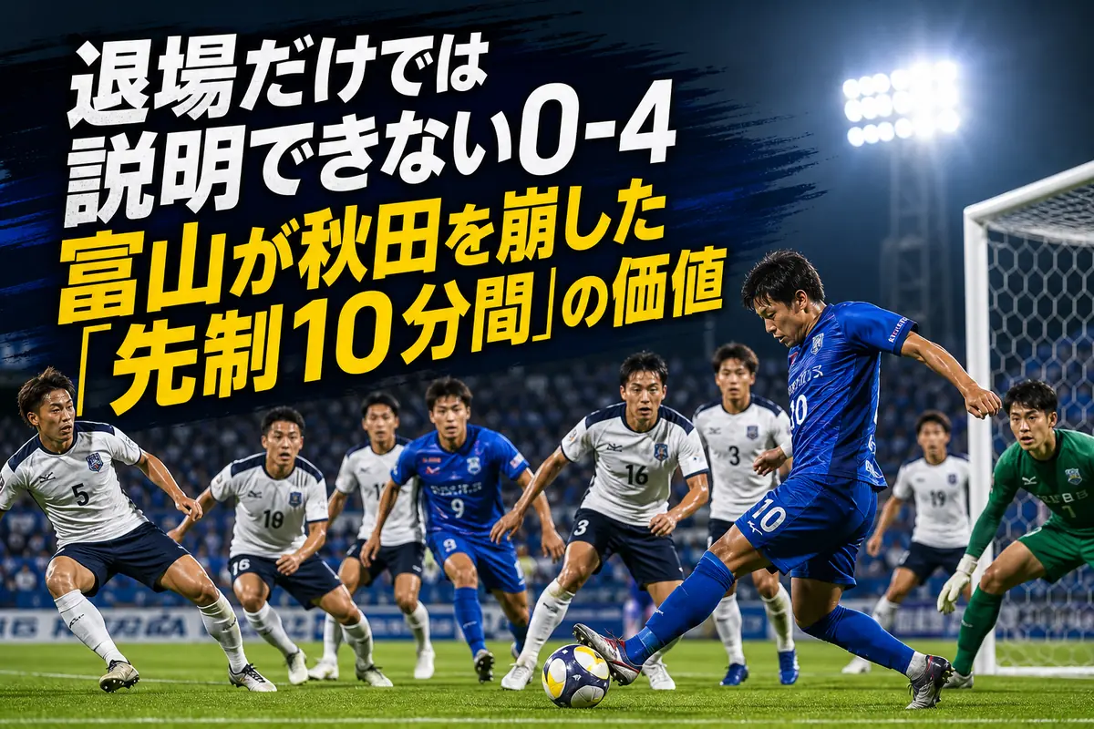 ソユースタジアムで攻防を繰り広げる秋田と富山の選手たち。