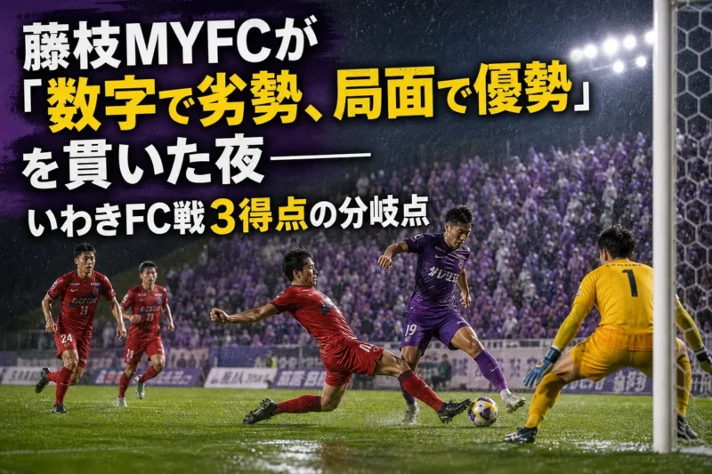 藤枝の選手といわきの選手が雨上がりのピッチで競り合うイメージ。