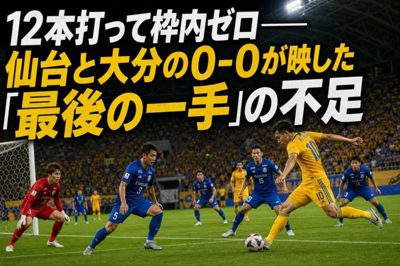 ユアテックスタジアム仙台で競り合う仙台と大分の選手たちをイメージした画像。