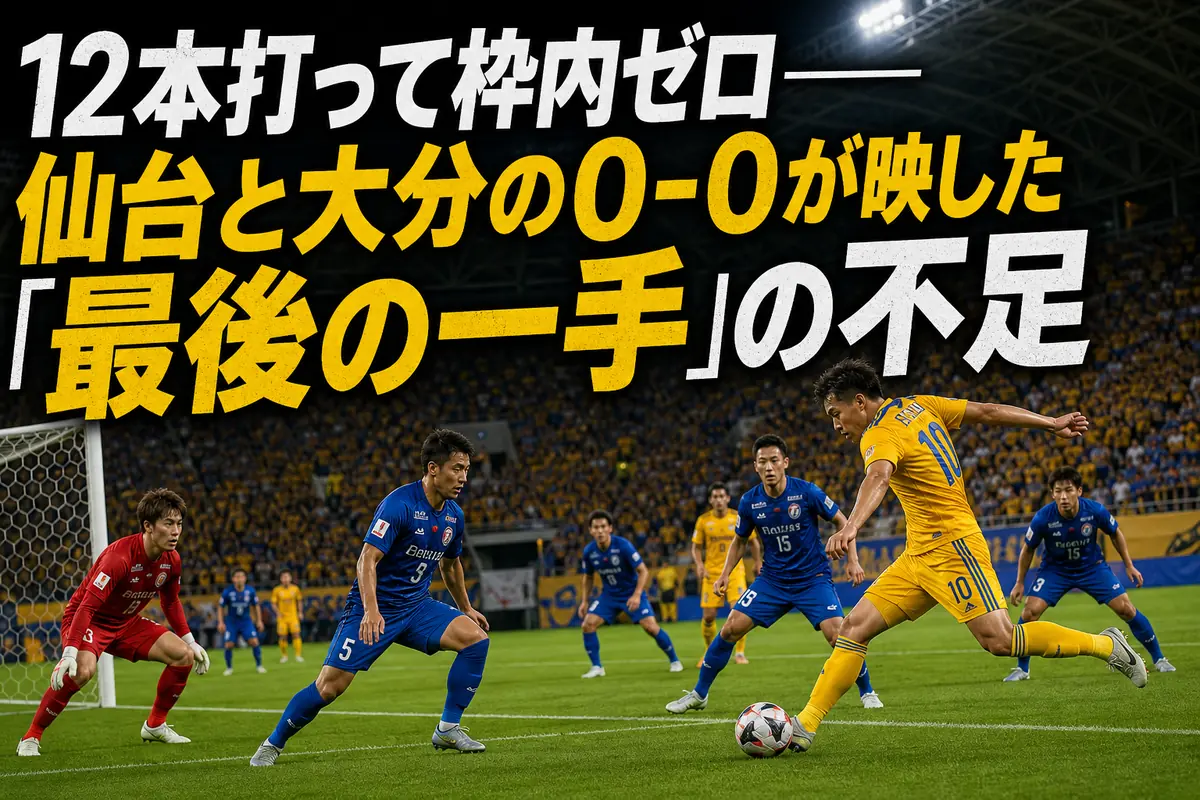 ユアテックスタジアム仙台で競り合う仙台と大分の選手たちをイメージした画像。