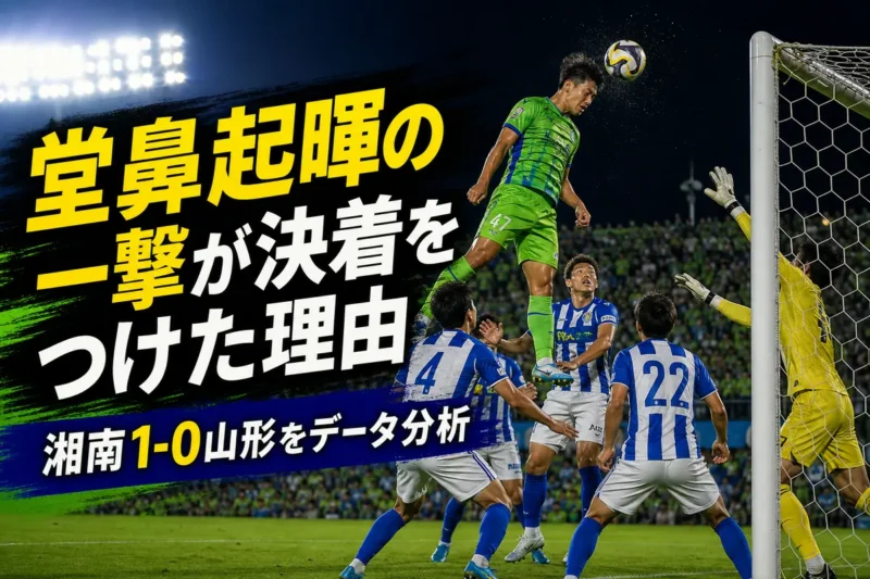 湘南の選手が山形守備陣との競り合いからヘディングシュートを放つイメージ。