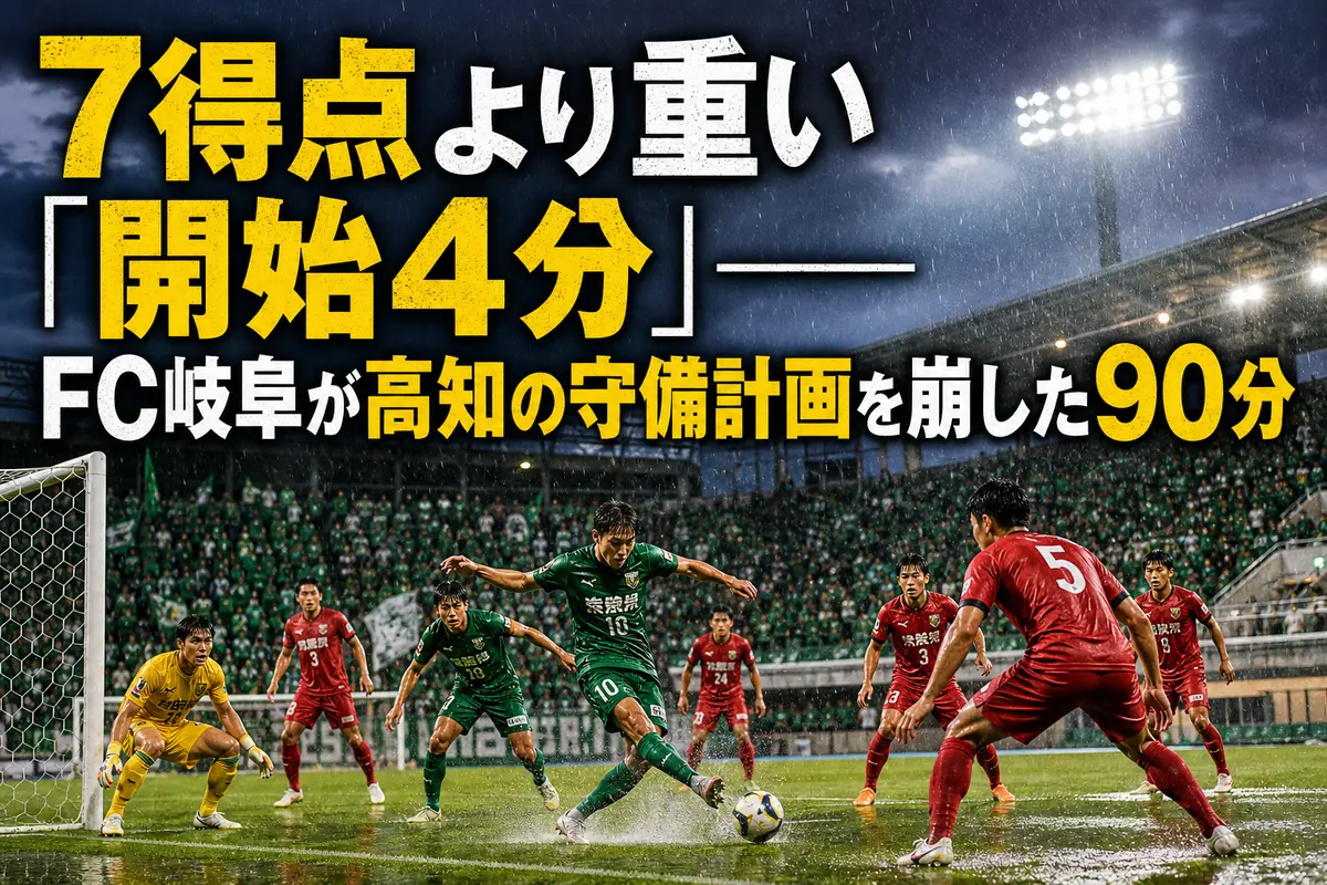 雨のスタジアムでFC岐阜と高知ユナイテッドSCが競り合うイメージ。