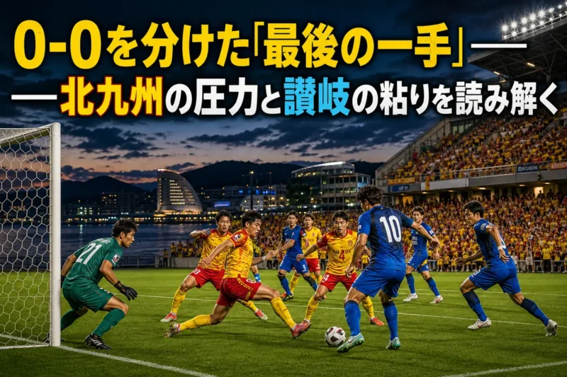 北九州と讃岐がゴール前で競り合う試合のイメージ。