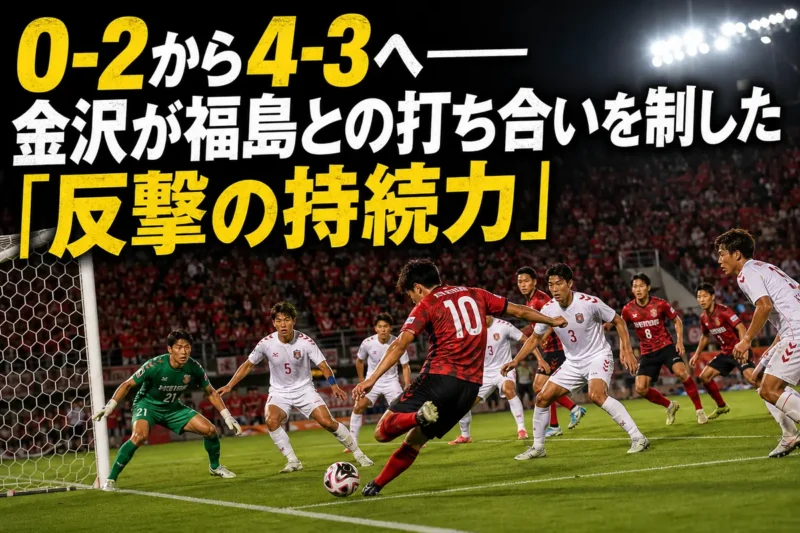 金沢と福島が激しく競り合ったJ3第2節をイメージした試合風景。