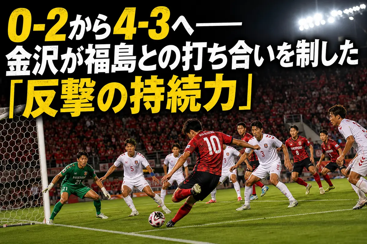 金沢と福島が激しく競り合ったJ3第2節をイメージした試合風景。