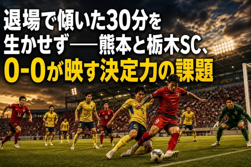 ロアッソ熊本と栃木SCが競り合う試合をイメージしたサッカー場面。