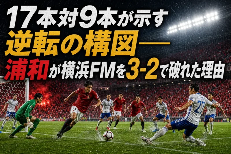 雨上がりのスタジアムで浦和と横浜FMが激しく競り合う試合イメージ。