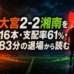 大宮2-2湘南を16本・支配率61%・83分の退場から読む 大宮2-2湘南を16本・支配率61%・83分の退場から読む