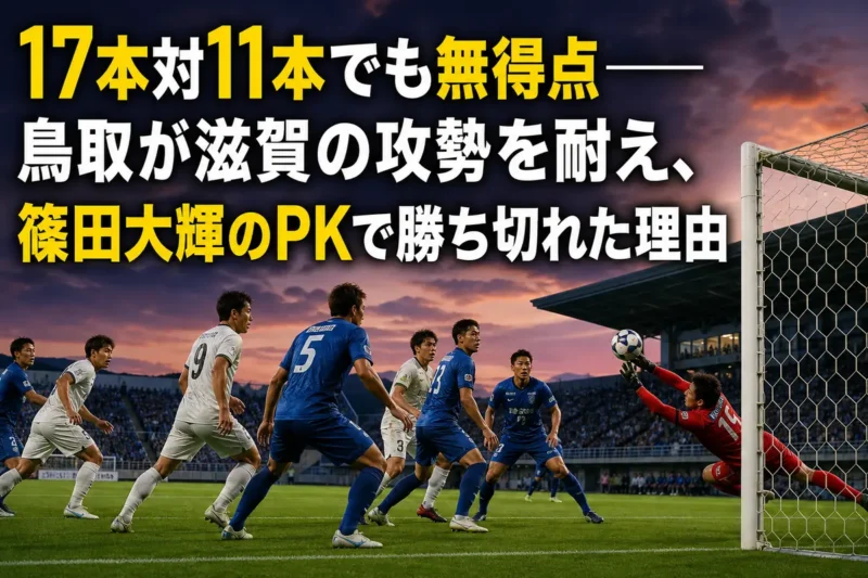 滋賀の攻撃をゴール前で防ぐ鳥取守備陣をイメージした試合写真。