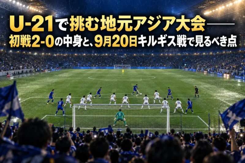 ナイターの雨のスタジアムで、青いユニフォームの若い選手たちが密集した守備ブロックに挑む場面