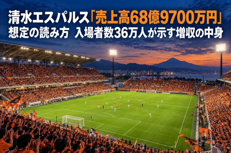 夕暮れのスタジアムでオレンジ色に染まる満員のスタンドと明るいピッチ。