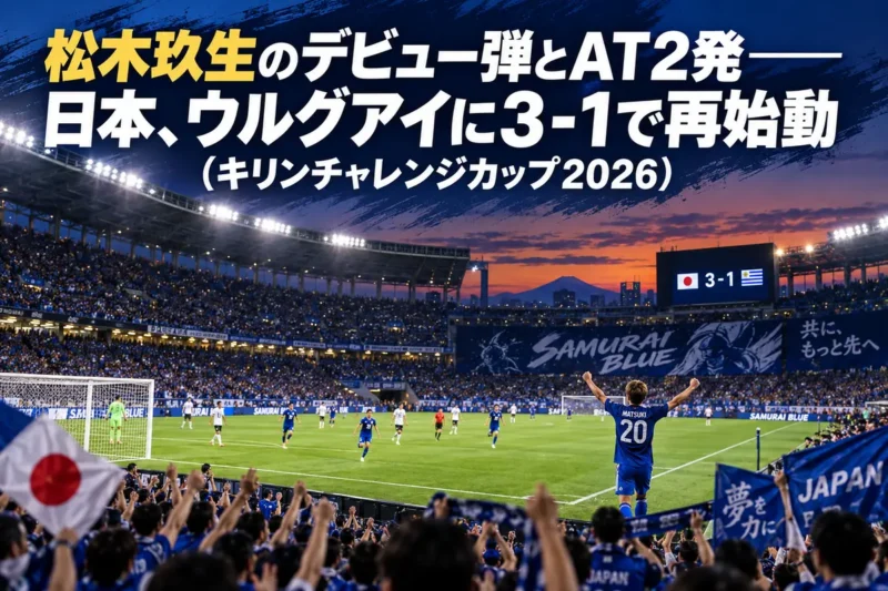 満員のスタジアムで青いユニホームの選手が得点を喜ぶ夜の試合風景