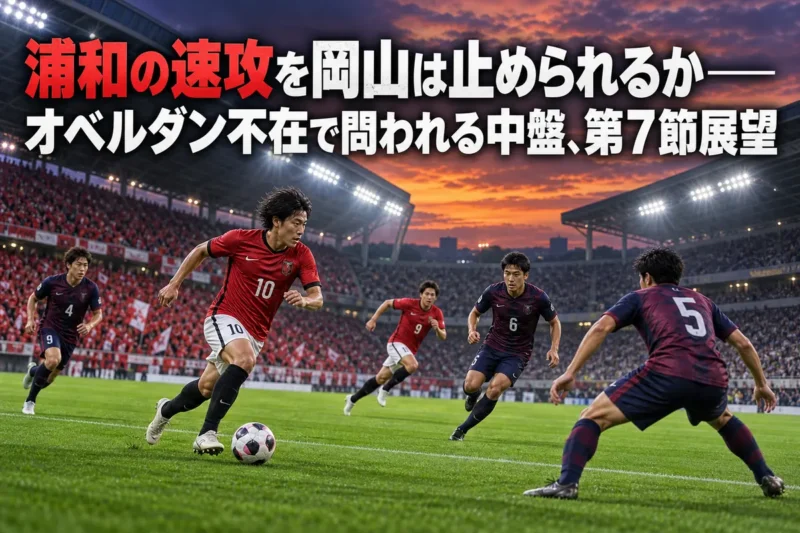 浦和と岡山の対戦をイメージした、中盤での攻防を描くイラスト。