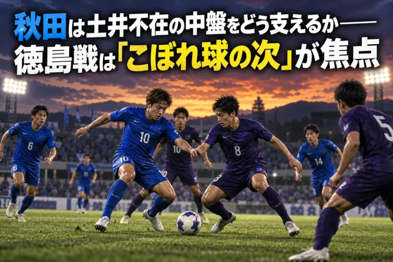 中盤のこぼれ球を競り合う両チームの選手を描いた試合イメージ。