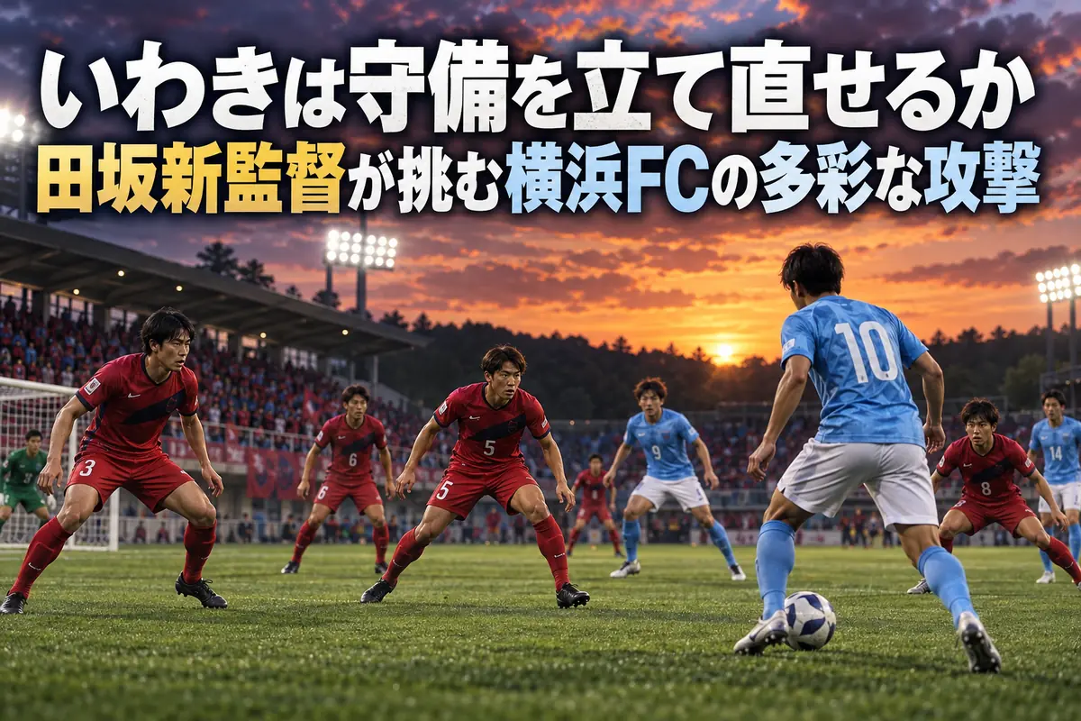 赤い守備陣と水色の攻撃陣が中盤で対峙するサッカーの試合イメージ。