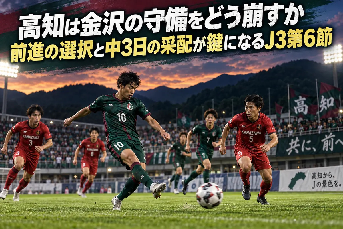 高知と金沢の対戦をイメージした、前線へのパスと守備の駆け引きのイラスト。