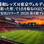 夕暮れの大型サッカースタジアムでナイター照明が灯り、キックオフ前のピッチが広がる様子。