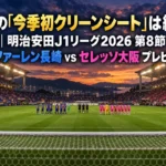 夕暮れのナイター照明に照らされたサッカースタジアムで、対照的なユニフォームの両チームがキックオフを前に対峙している様子。