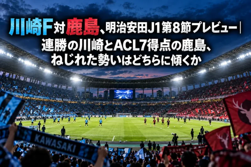 ナイターの照明に照らされたサッカースタジアムと、キックオフを待つピッチの様子