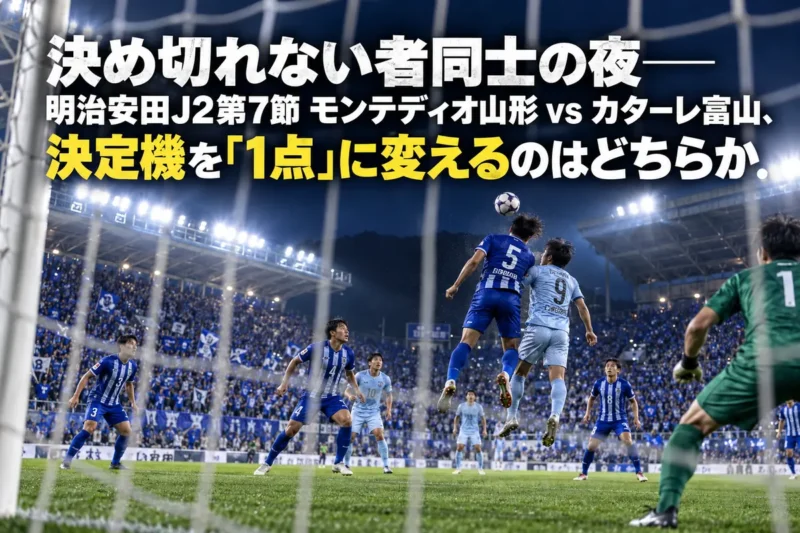 ナイターの競技場で、ペナルティエリアに入ったクロスに競り合う両チームの選手たち。