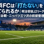 ナイターの照明がともるサッカースタジアムのピッチとゴール前を写した横長の写真。