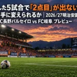 夕方のJ3スタジアムで、キックオフ前のピッチとスタンドを照らす照明
