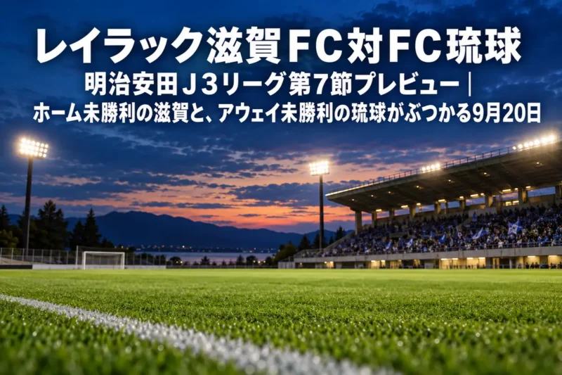 夕方のナイター照明が灯り始めたサッカースタジアムのピッチとスタンド。