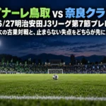 ナイターの照明に照らされたサッカースタジアムのピッチとゴール前の様子