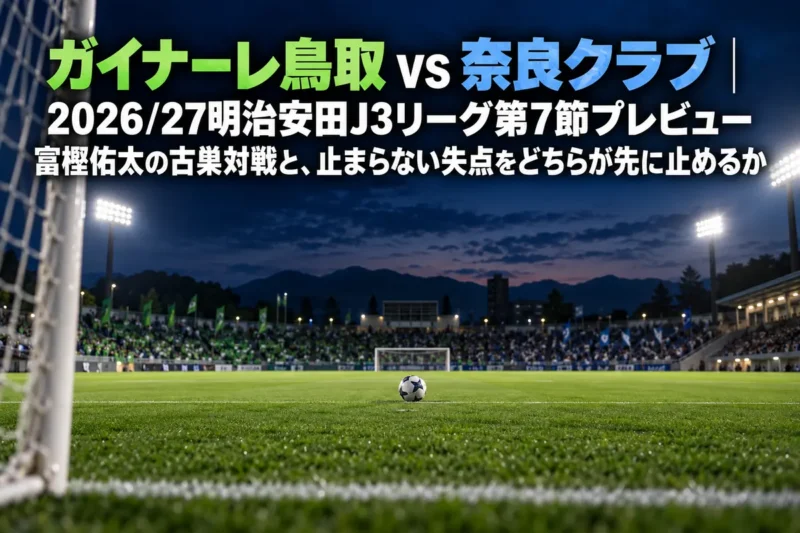 ナイターの照明に照らされたサッカースタジアムのピッチとゴール前の様子