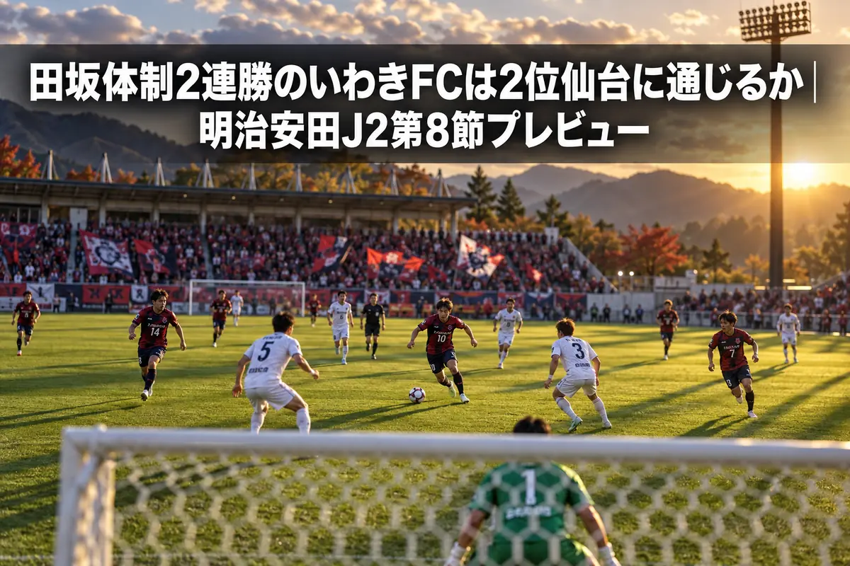 夕方のスタジアムでキックオフを迎えるJ2の試合風景