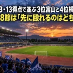 夕方の陸上競技場でキックオフを待つスタジアムの様子