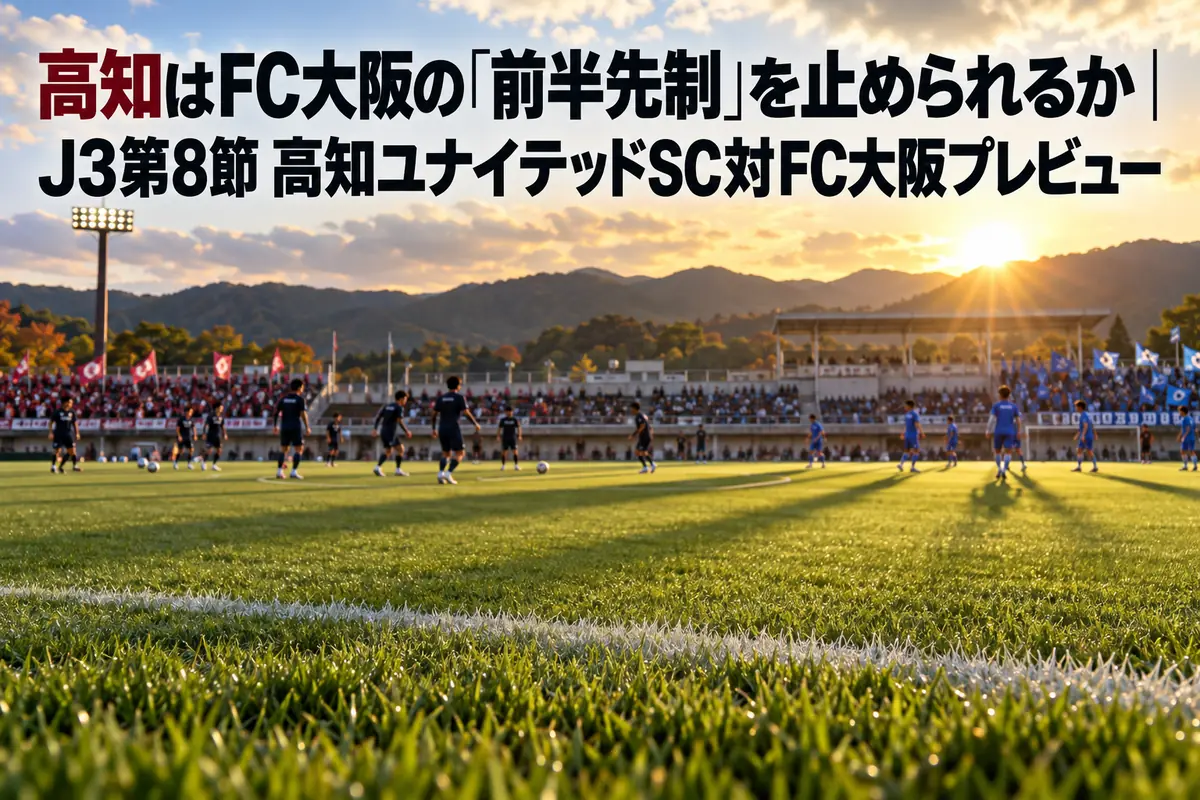 夕方のキックオフ前、緑の芝が広がる地方スタジアムで両チームが準備する様子