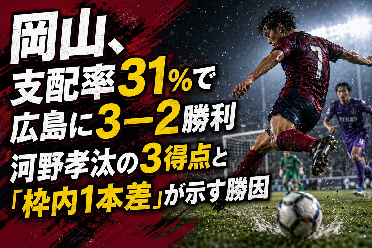岡山、支配率31%で広島に3―2勝利 河野孝汰の3得点と「枠内1本差」が示す勝因