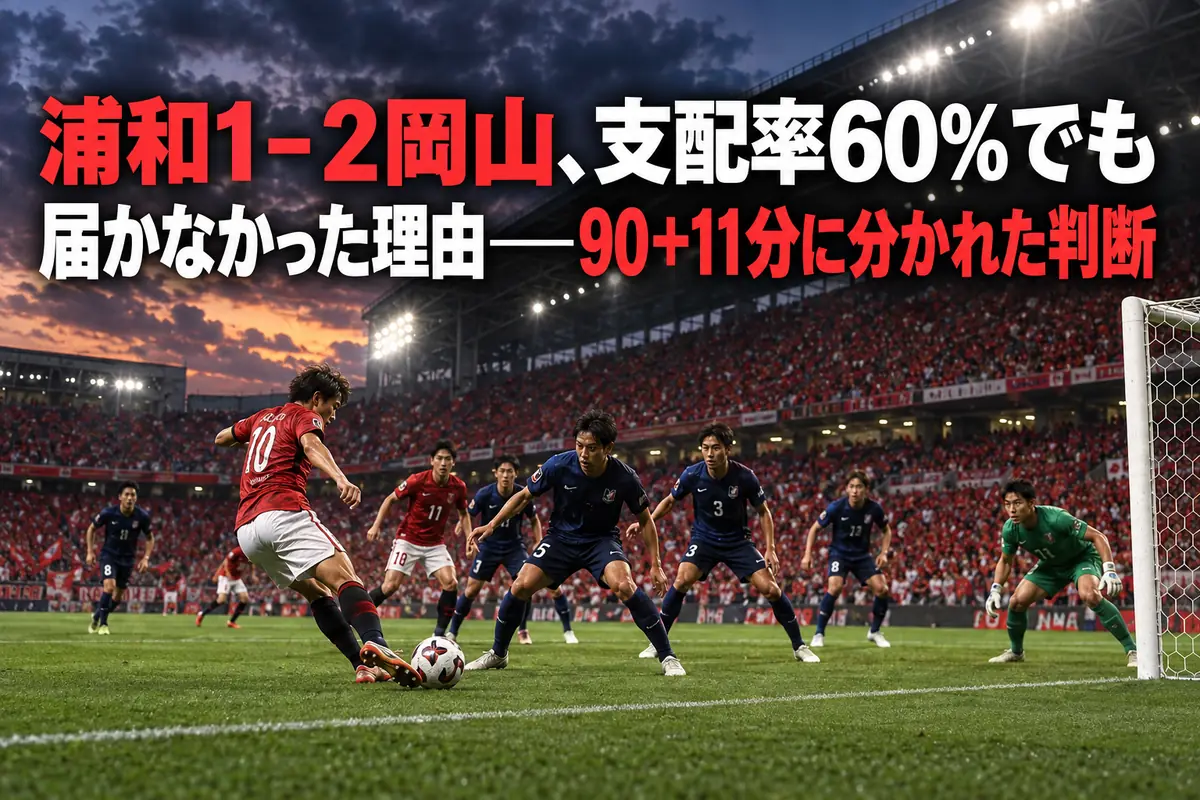 埼玉スタジアムで浦和と岡山が競り合う試合をイメージしたサムネイル。