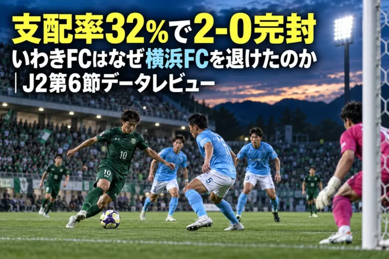ナイターの日本のサッカースタジアムでペナルティエリア付近のボールを競り合う両チームの選手たち。
