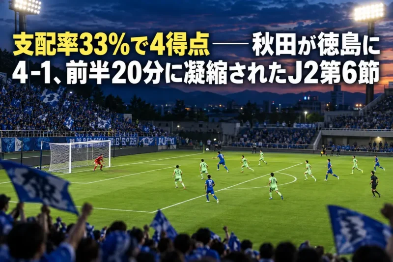 ナイター照明に照らされたスタジアムで、青いユニフォームの選手が前線へ攻め上がる試合終盤の場面。