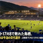 ナイターの照明に照らされたサッカースタジアムのピッチと観客席