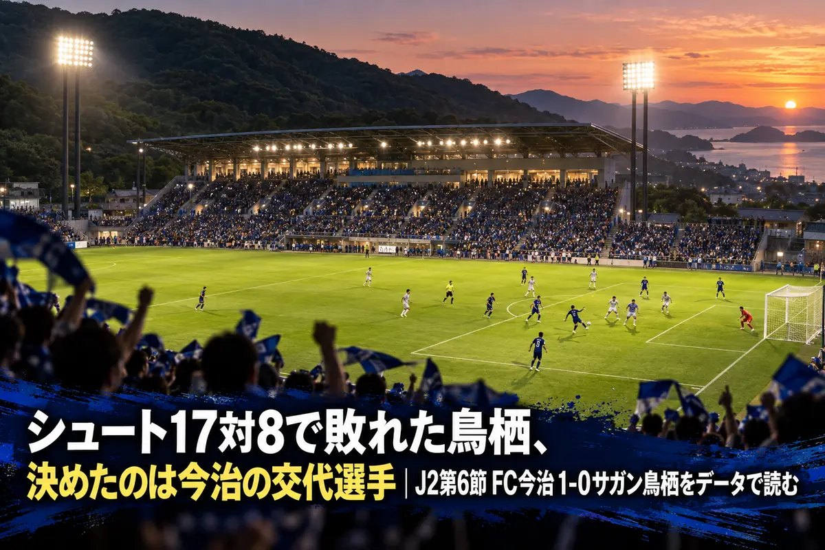 ナイターの照明に照らされたサッカースタジアムのピッチと観客席