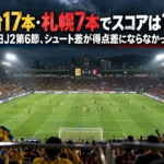 仙台17本・札幌7本でスコアは1-1|明治安田J2第6節、シュート差が得点差にならなかった90分 ナイターの照明に照らされたスタジアムで、観客が見守る中ピッチ中央で競り合う選手たち。