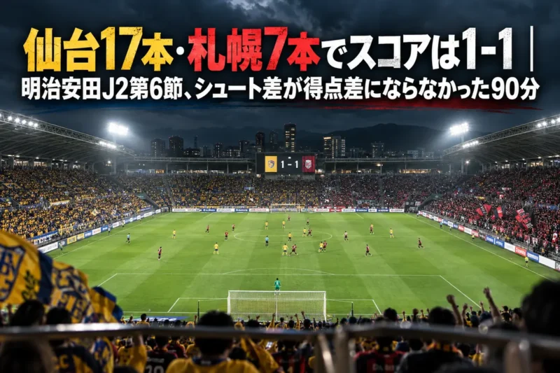 ナイターの照明に照らされたスタジアムで、観客が見守る中ピッチ中央で競り合う選手たち。