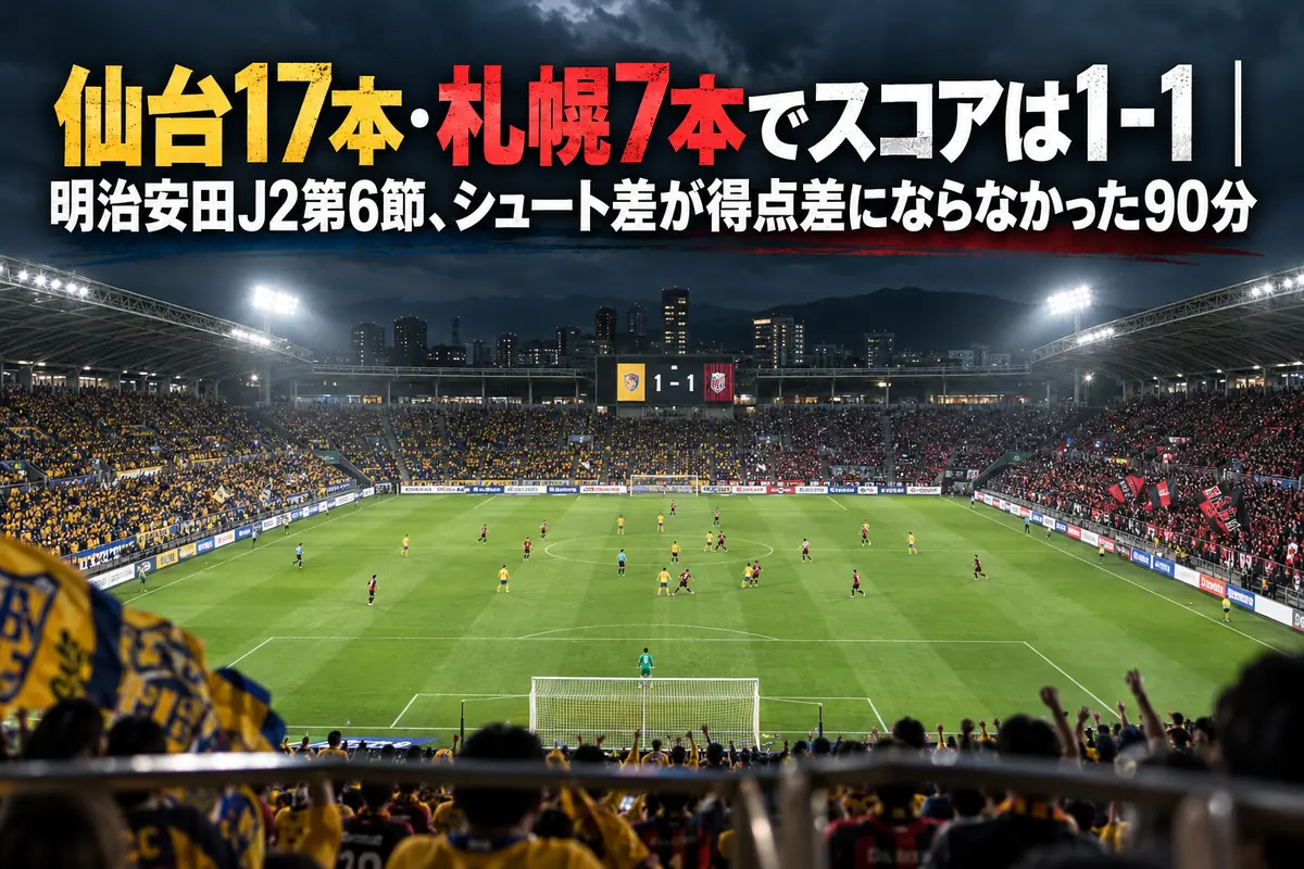 ナイターの照明に照らされたスタジアムで、観客が見守る中ピッチ中央で競り合う選手たち。