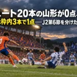 シュート20本の山形が0点、新潟は枠内3本で1点――J2第6節を分けた後半1分 曇り空の下、照明に照らされたスタジアムでシュートを放つ選手とブロックに入る守備者。